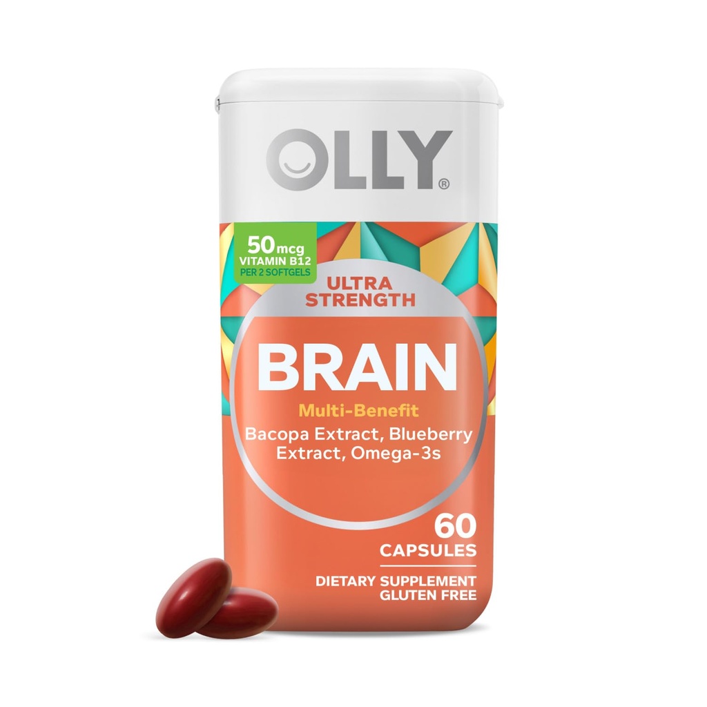 Olly Ultra Strength Aivot Softgels, Nootropic, tukee terve aivojen toiminto, muisti, keskittyä ja keskittyminen, Omega-3s, vitamiinit B6 ja B12, 30 päivän tarjonta - 60