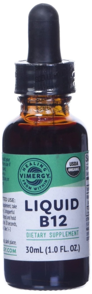 Vimergy Organic Liquid B12 Supplement 2500 mikrog, Methylcobalamiini & Adenosylcobalamiini Nopea-absorboiva energia Tuki USDA Organic, Vegan, ei-GMO B12 Vitamiins for Women & Men 30 Serving (30 ml)