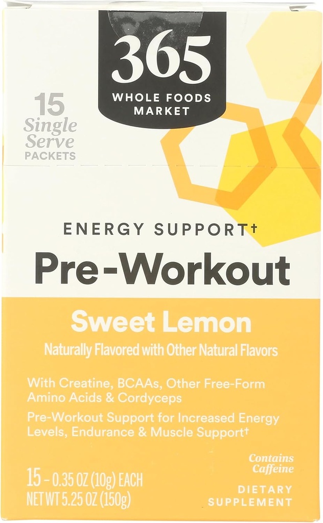 365 av Whole Foods Market, Pre-Workout Energy Support med koffein, enda serveringspaket, söt citron, 15 greve