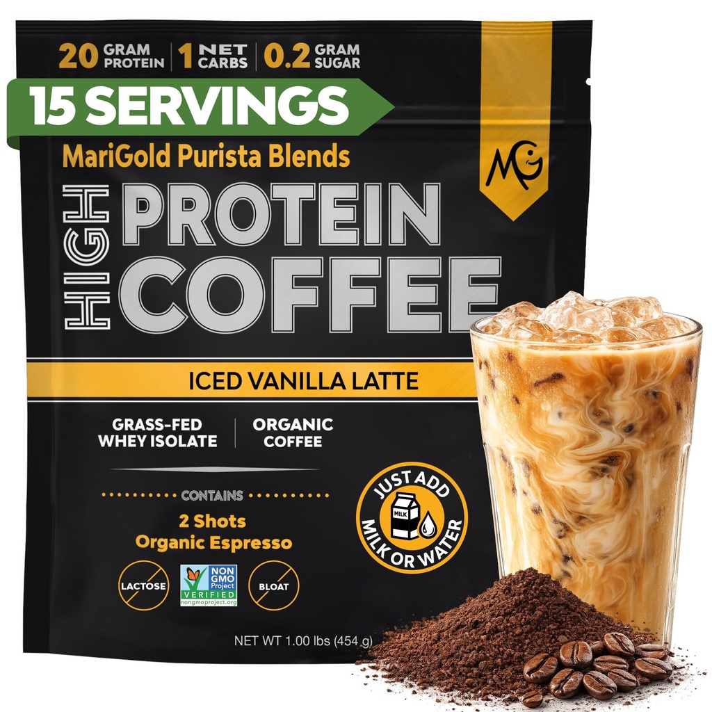 MariGold High Protein Coffee - Iced Vanilla Latte, 20g Grass-Fed Whey Protein Isolate, Energy & Treout Boost, 2 Shots Organic Espresso, ei-GMO, 1 Net Carb, 1 Lb Bag, 15 tarjoilua