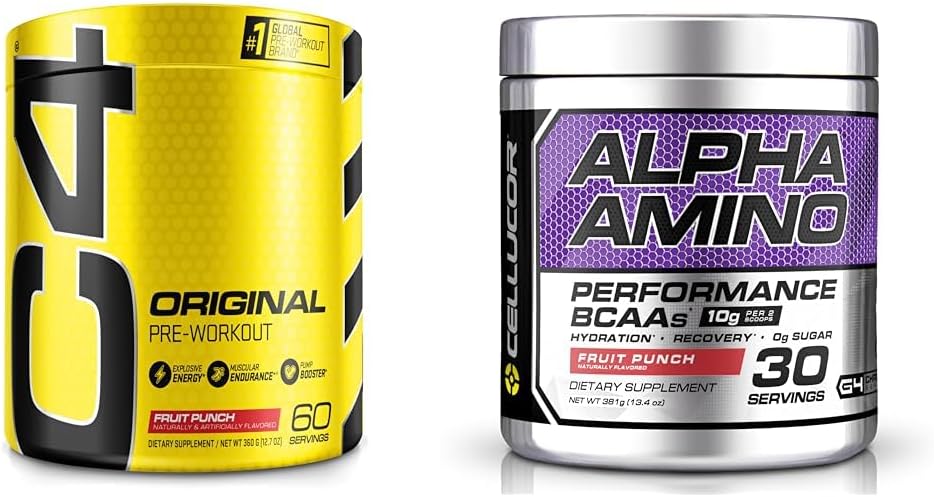 Cellucor C4 Original Pre Treout Powder Fruit Punch - C-vitamiinia Immuuni tuki & Alpha Amino EAA & BCAA Powder ... Haaraketju Essential Amino Acids + Electrolytes ...