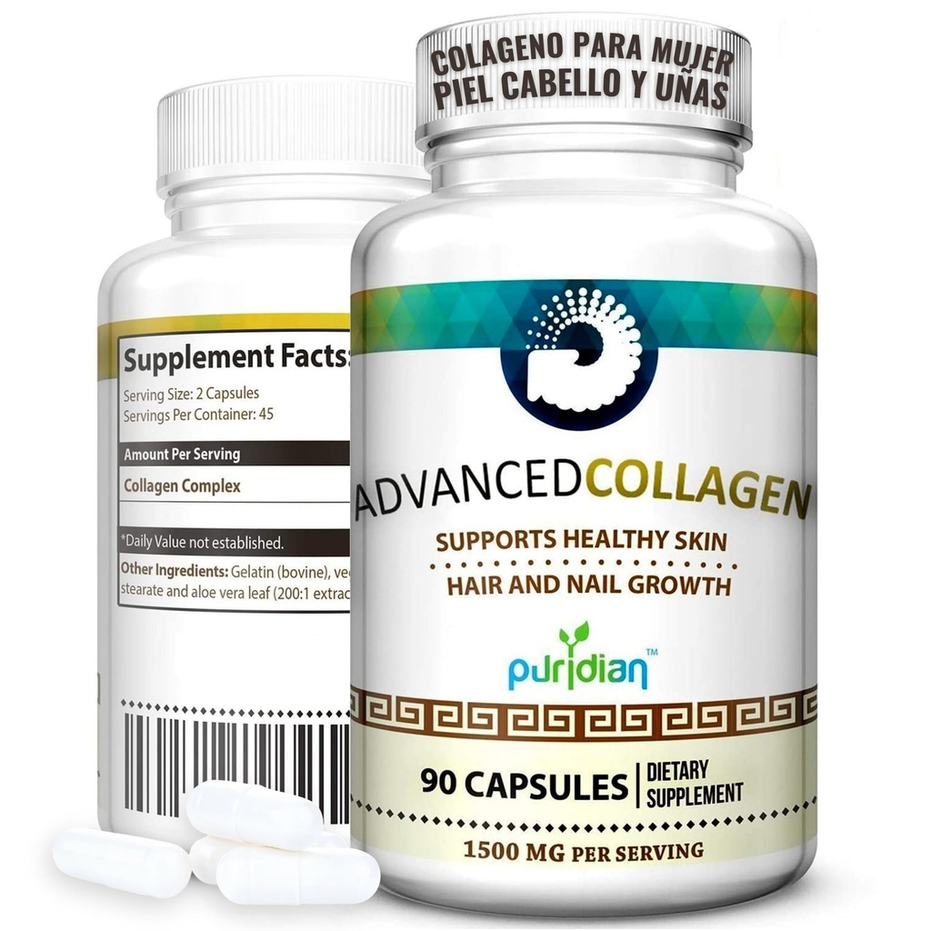 Colageno Hidroelizado para Mujer Pastillas Advanced Collagen+ para La Cara, Cabello, Uñas Y Piel Saludable - 90 Capsulas De 1500 mg De Colágeno Puro Y Natural