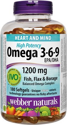 Webber Naturals Omega 3-6-9 High Potency 1200 mg · Fisk, Flax & Borage, 180 mjukgels