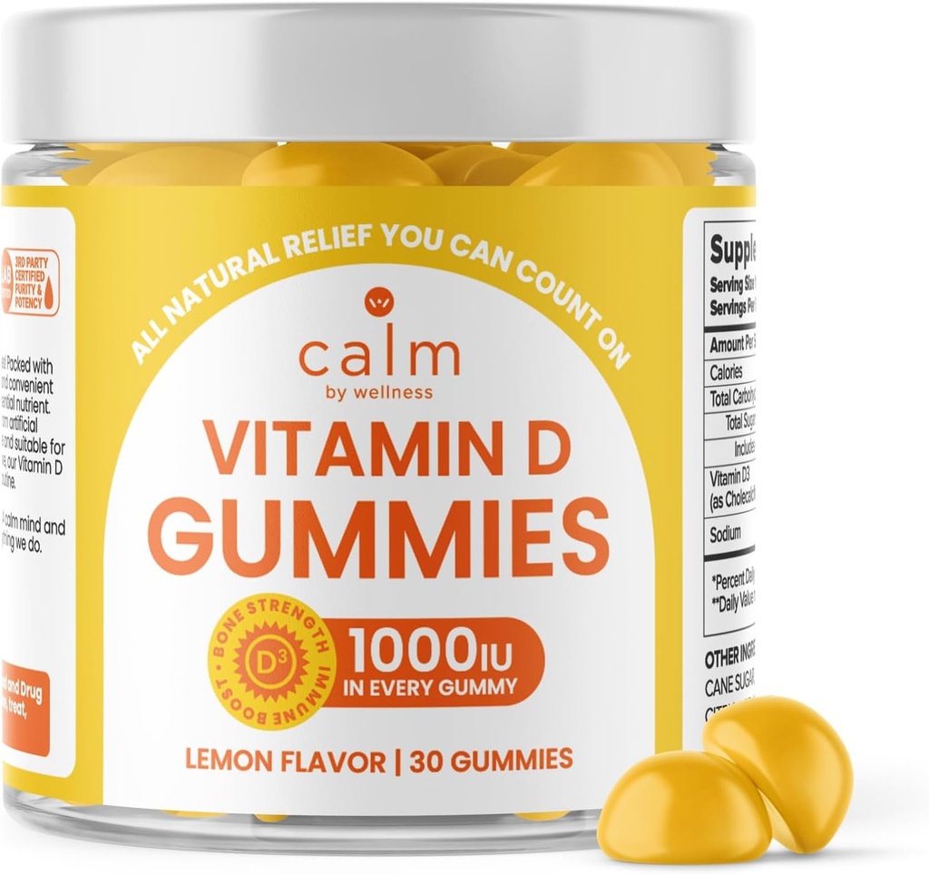 Calm by Wellness D-vitamiini Gummies aikuisille, D3-vitamiini Gummy, vitamiineja luun ja immuunijärjestelmän tuki, Lemon Flavor, 30 Count