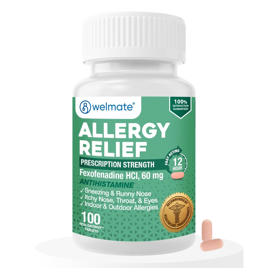 WELMATE - Allergia Relief - Fexofenadiini HCl 60 mg - 12 tuntia ei- vaimeaa antihistamiinia - Aivastus - Runny Nenä - kutiava silmät, nenä & kurkku - sisä- ja ulkoilman allergiaa lievittävät tabletit - 100