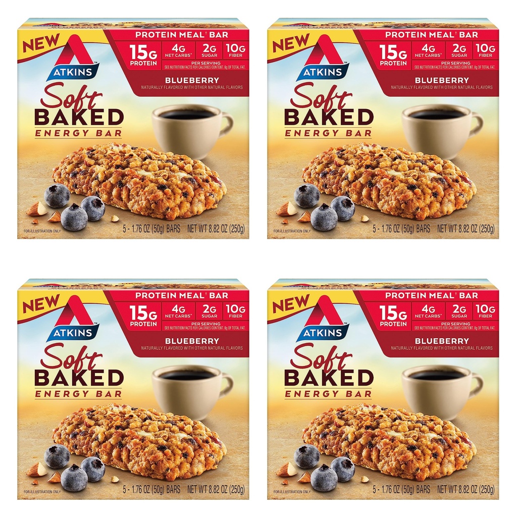 Atkins Blueberry smaksatt mjuk baked energi barer, hög i protein Snack Bar, låg socker, High Fiber Snack, Protein Snack, 4 Packs (4 barer vardera)