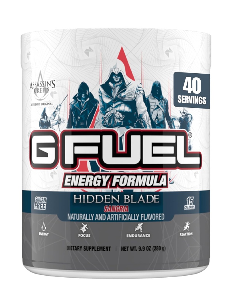 G Fuel Assassin's Creed Hidden Blade Energy Drink Powder, Pre workout kofeiini Mix pelaamiseen, sokeriton Focus Amino, vitamiini + antioksidantteja, 9,9oz (Sangria, 40 Servings)