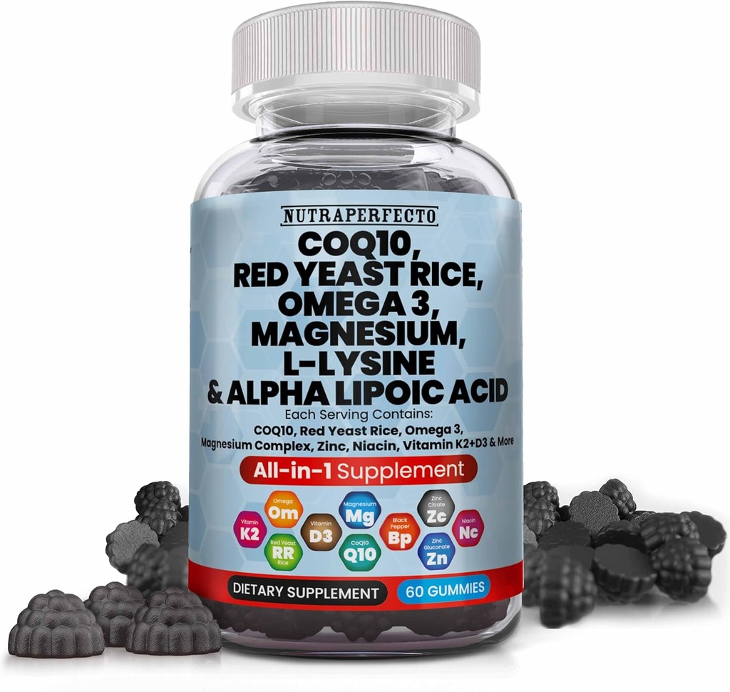 L-Lysine Coq10 Alpha Lipoic Acid Gummies Red Yest Rice Magnesium Gummy aikuisille ja lapsille - Aminohappo täydentää Omega 3 Niasiini Sinkki vitamiini K2 D3 B3 - Vitamiinit naisille ja miehille - 60 Gummy Bears