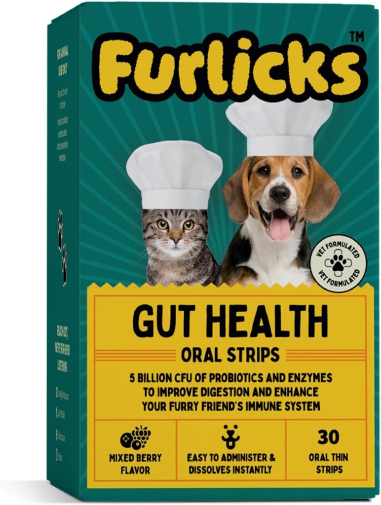 Furlicks Gut Health täydennysosa koirille ja kissoille Probiootit, Proteaasi, lipaasi parempi digestio, tehostettu immuniteetin, terve Gut Flora & ripuli & Bowel tuki (30 suun dissolving nauhat)