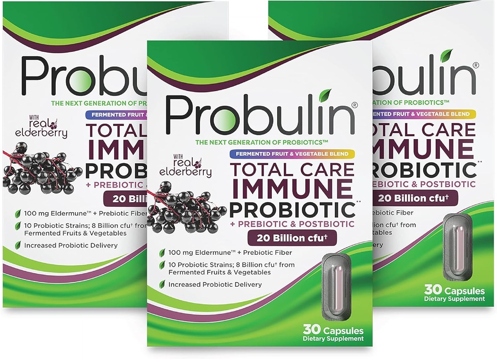 Probulin Total Care Immune = Prebiotika + Probiotika + Postbiotika + Elderberry för att stödja Immune & Gut Health - 20 miljarder CFU - 10 Strains - 30 Vegan kapslar (Pack of 3)