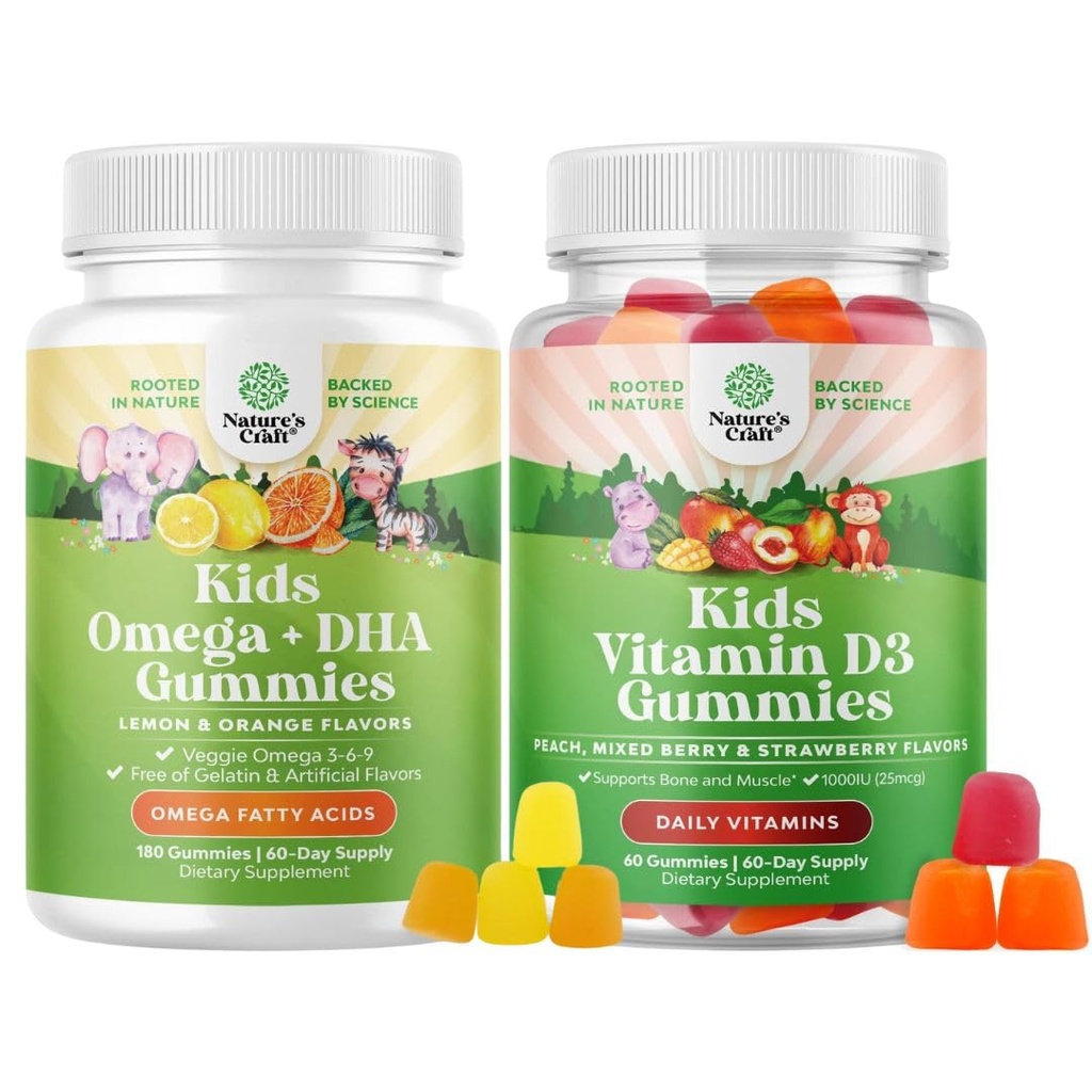 Omega DHA Gummies lapsille - rasvahapot Omega 3 6 9 - C-vitamiini aivoille, immuniteetille ja Vitamiini D Gummies lapsille - 1000 IU per tarjoilu - Immuunituki Lihashameet & Bone Health