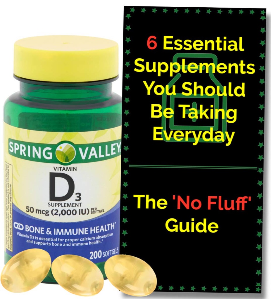 D3-vitamiini 2000iu Softgels (50 mikrog) (200 lukua - 6 kuukautta) Luu- ja immuuniterveyden Spring Valley. + "No Fluff" lisäopas
