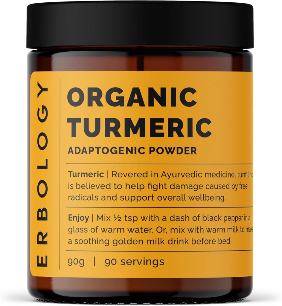 Erbologia Organic Turmeeric Powder 3,2 oz - 90 Servings - 5,5% Curcumiini - Ei lisäaineita tai säilöntäaineita - kestävästi peräisin suoraan Farm in India - Vegan - GMO-vapaa