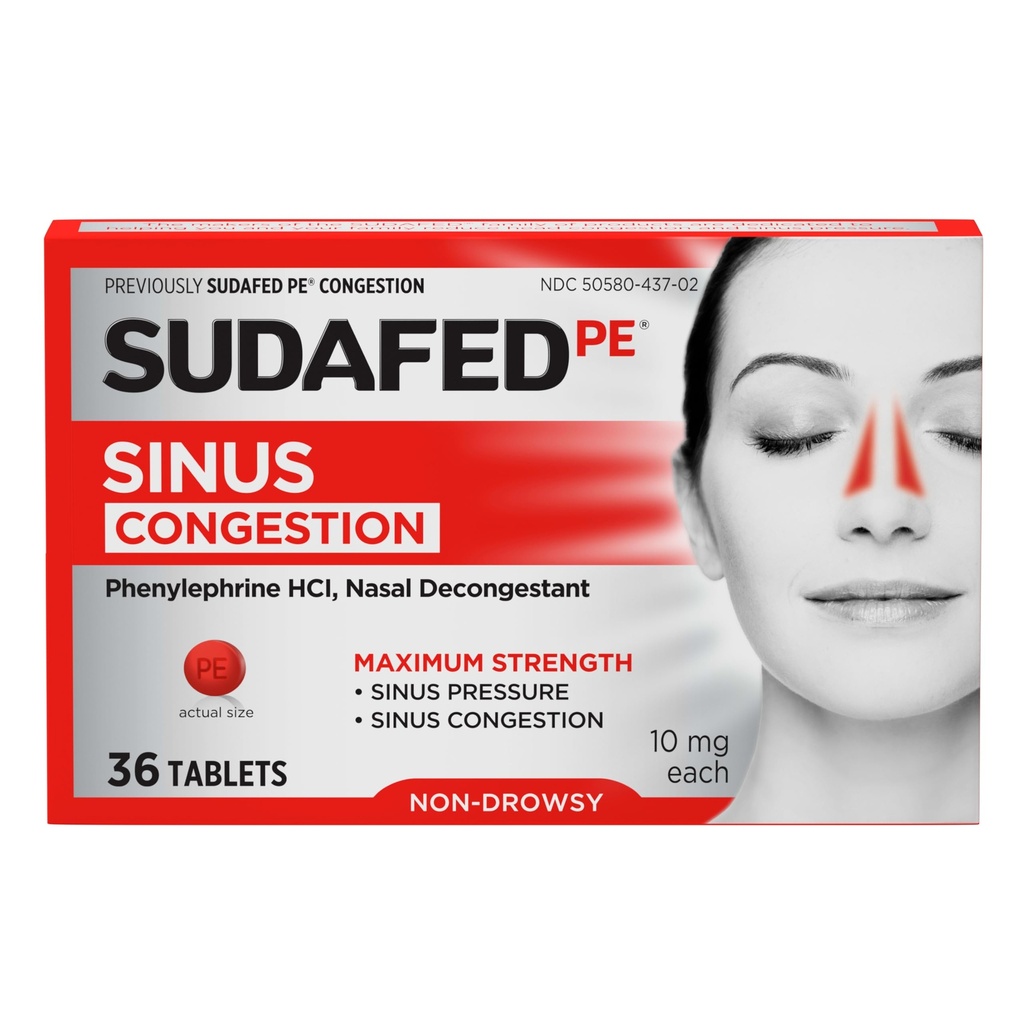 Sudafed PE Sinus Congestion Relief -tabletit, enimmäisvahvuus, ei- Drowsy 10 mg Fenylephriini HCI Decongesstant for Sinus Pressure & Nasal Congestion Relief, johtuen kylmästä tai allergies, 36 t