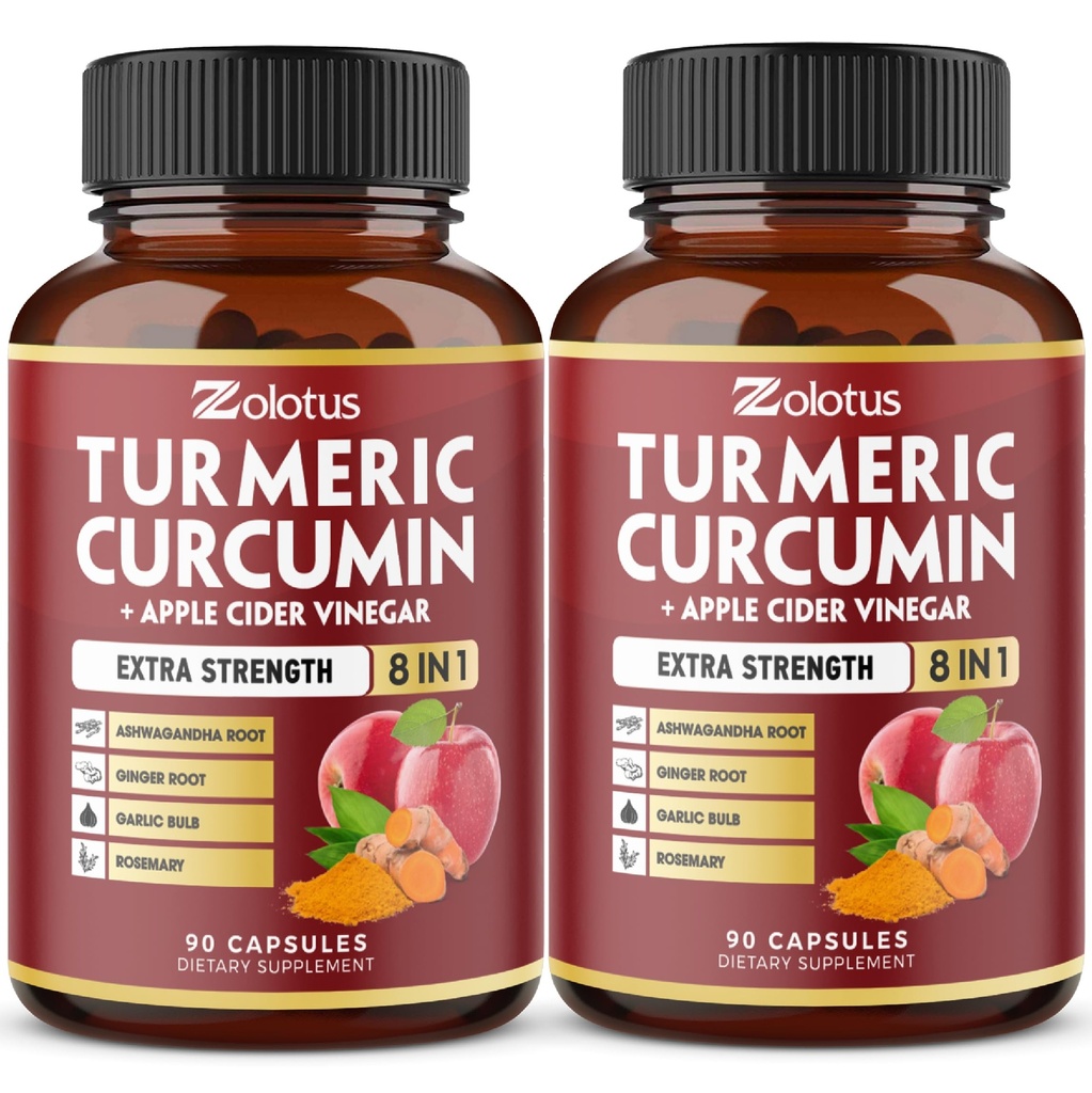 2packs 90 kapslar gurkmeja Curcumin + Apple Cinder Vinegar kapslar, 6 månaders leverans med Ashwagandha, Ginger, 95% Standardiserade Curcuminoids, Joint & Absorption Support
