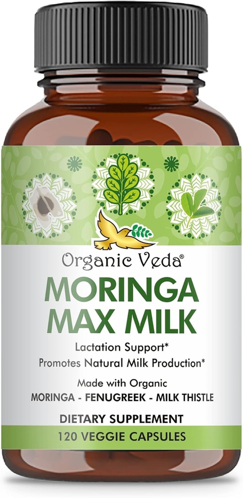 Luomu Veda Moringa Max Milk Imetys täydentää (120 kapselia) - 1800mg Super Strength Organic Vegan Complex Sarviapila, Milk Thistle, Moringa Leaf & Siemenet imetyksen maitoa