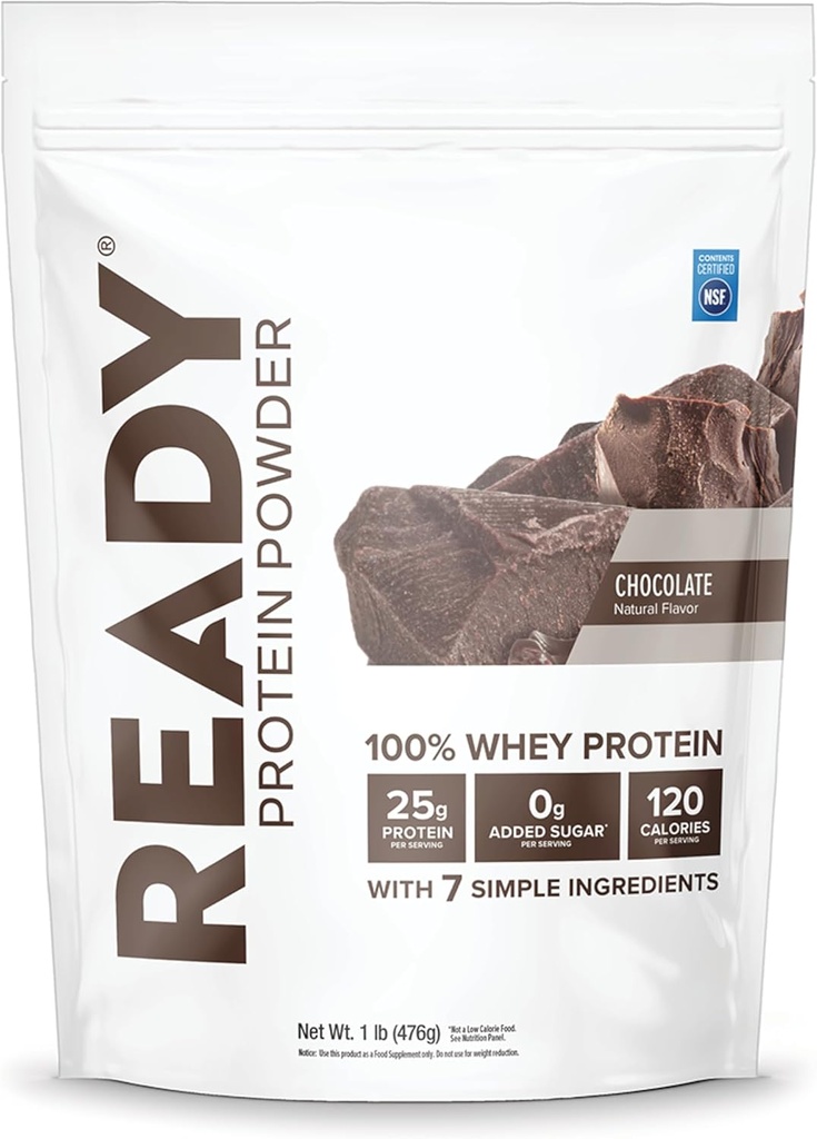 Ready® Proteinpulver - 25g Whey Protein, 120 kalorier, 0g tillsatt socker - 7 enkla ingredienser - Inga artificiella tillsatser - Glutenfri, ren och naturlig - Choklad (1 pund väska)