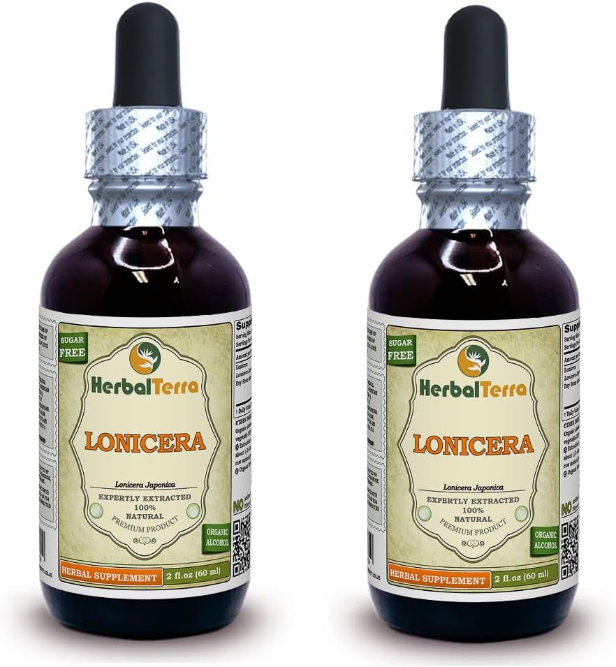 Lonicera (Lonicera Japonica) Tincture, Kuivatut kukat Liquid Extract (Brandin nimi: HerbalTerra, ylpeästi valmistettu USA) 2x2 fl.oz (2x60 ml)