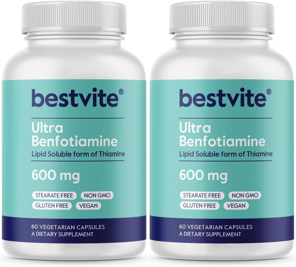 Ultra Benfotiamine 600 mg per kapsel (120 vegetariska kapslar) (60x2) No Stearates - No Silicon Dioxide - Vegan - Non GMO - Gluten Free - Maximal styrka Benfotiamine