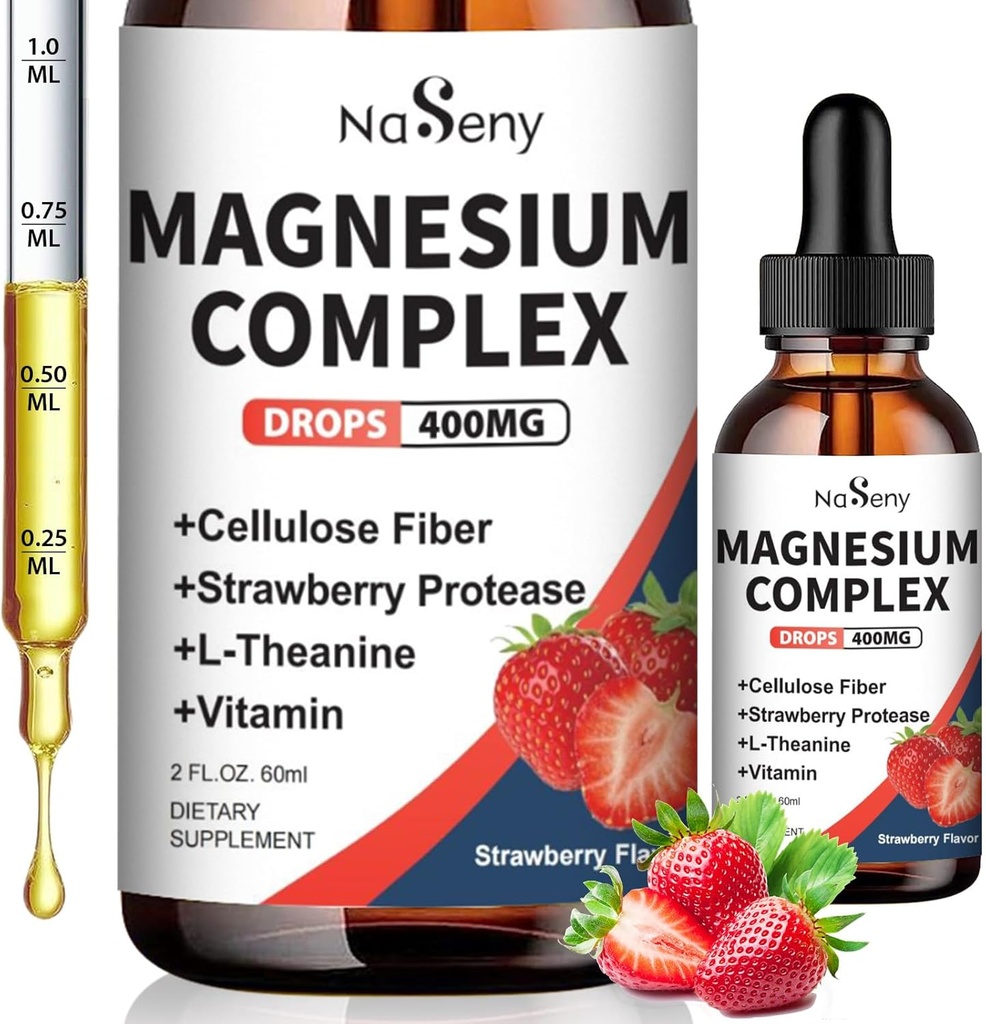 Magnesium Glycinate Liquid 400 mg, suuri imeytyminen Magnesiumkompleksin B6-vitamiinin, D-vitamiinin, C-vitamiinin, gluteeniton gluteeniton vegaani (2 Fl Oz/Strawberry)
