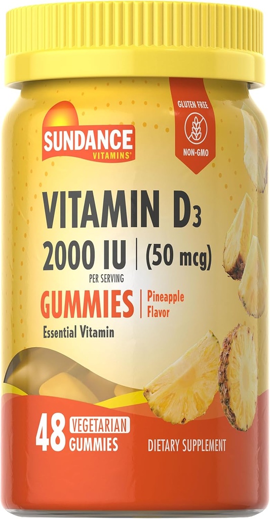 Sundance D3-vitamiini Gummies ... 2000 IU... 48 Count... Ananas Maku... Kasvisruokaa, ei-muuntogeenisiä organismeja ja gluteeniton lisäaine.