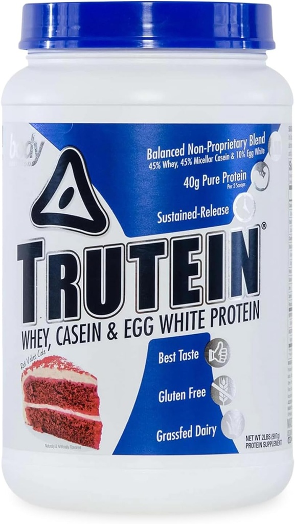 Body Nutrition Trutein High Protein Powder: 45% Whey, 45% Kaseiini, 10% Egg White, Gluteeniton, Alhainen natrium, Grass Fed Whey Protein Powder, Gym Supplement & Breakfast Shake, Red Velvet Cake, 2b