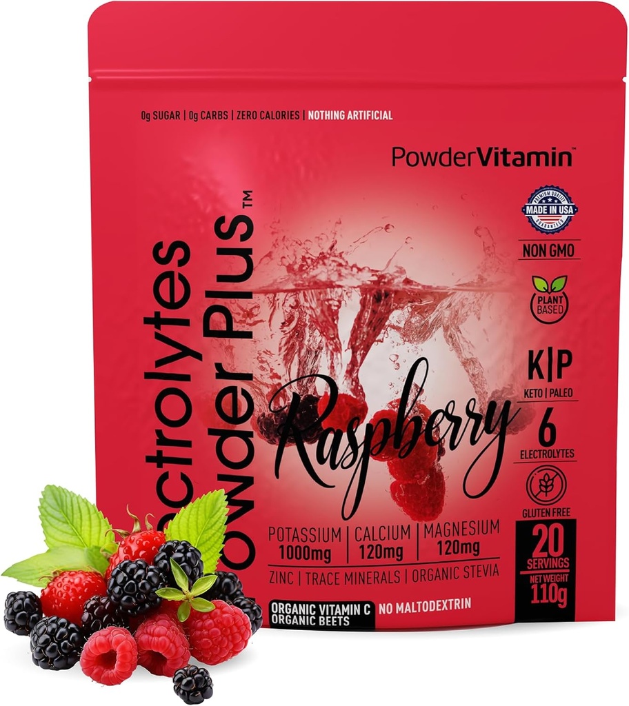 PowderVitamin Elektrolytes Powder Plus (20 tarjoilua) Vadelma Elektrolyytti Powder Zero Calorie Keto,0 Sokeri, No Maltodekstriini,1000 mg Kalium,120 mg Kalsium, 120 mg Magnesium, vaaleanpunainen Himalajan suola