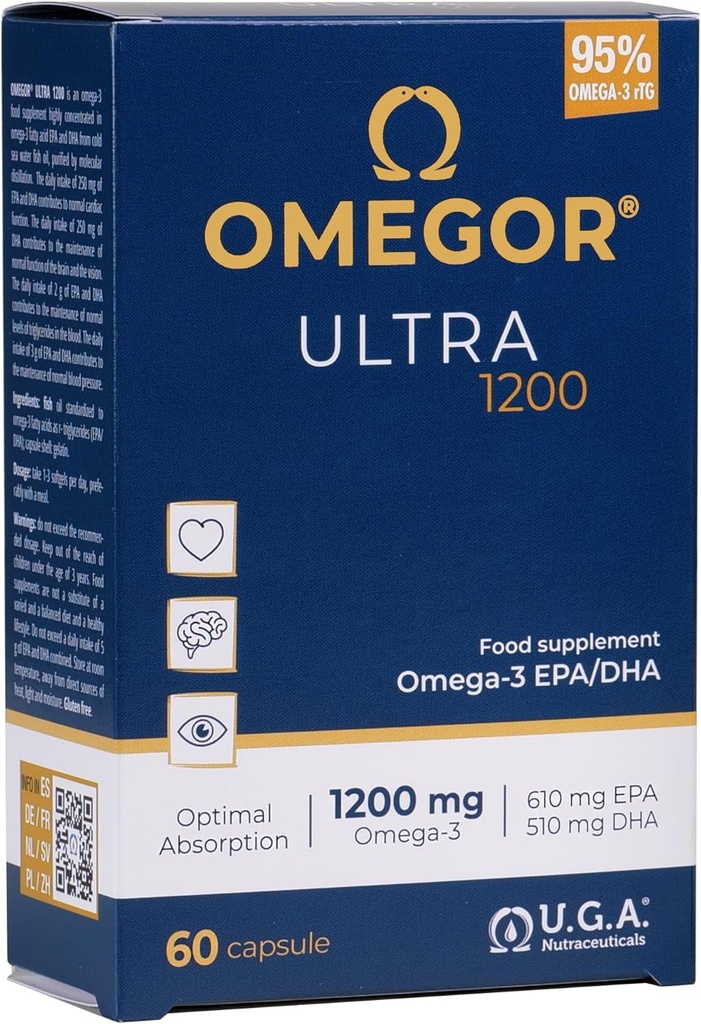 OMEGOR Omega 3 Fish Oil 1200mg Ultra - 610mg EPA ja 510 DHA Omega3 IFOS Certified - korkea hyötyosuus ja No Aftertaste (60 Caps)