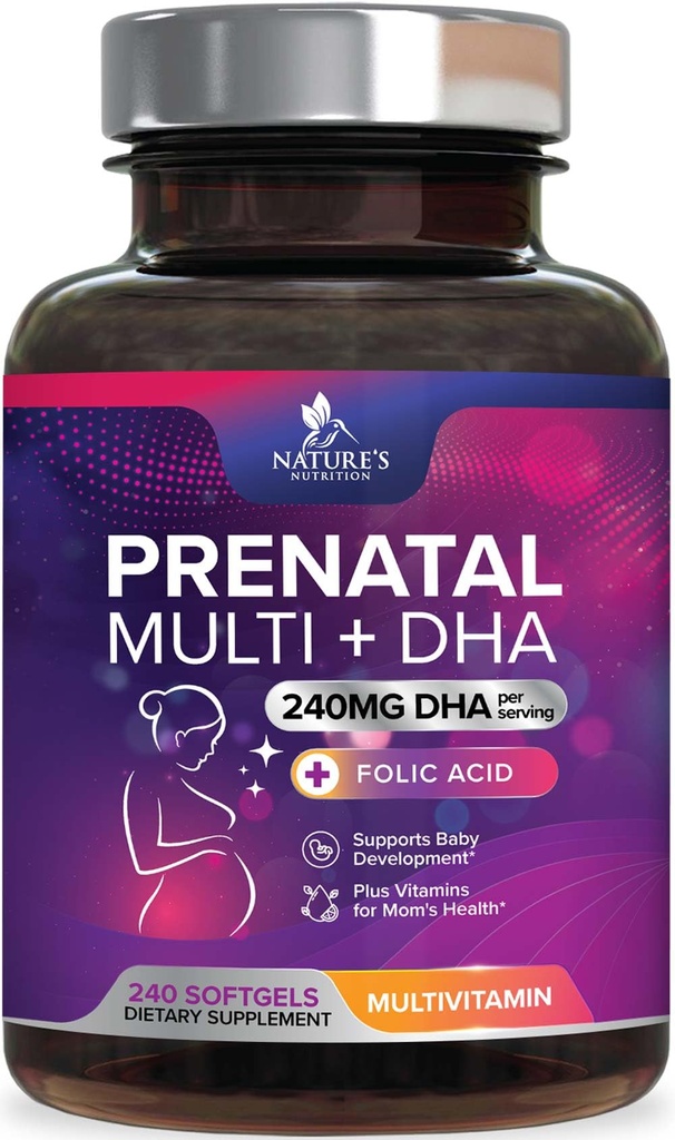 Foolihappo- ja DHA-vitamiinit, Fetal Brain Development Support Folate & Omega 3's, Prenatal Multivitamiini naisille, A-vitamiini, C-vitamiini, D-vitamiini, B6-vitamiini, B12 & rauta, raskauslisä - 240 Softgels