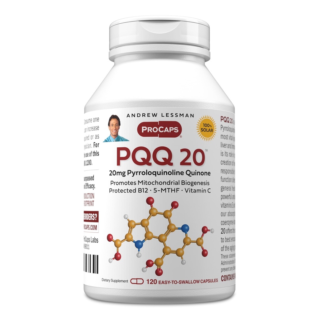 ANDREW LESSMAN PQQ 20mg - 120 kapselia - 20 mg Pyrrolokinolkinoliini kinone, luonnollinen suojayhdiste tukee elintoimintoja, sydän, aivot, maksa, immuunijärjestelmä. Mitokondriobiogeneesi, ei lisäaineita