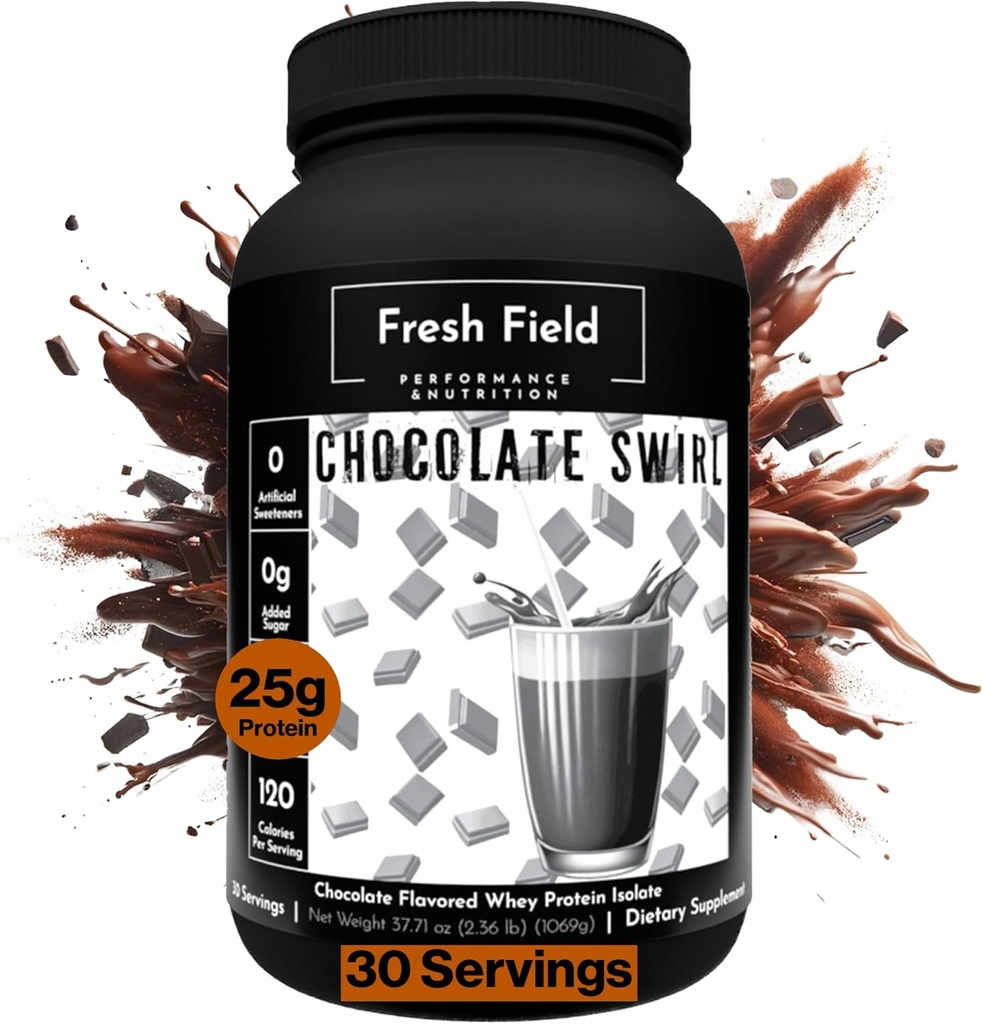 Fresh Field Chocolate Protein Powder - 25g Whey Protein Isolate, Gluteeniton & soijaton, 30 Tarjoilut - Natural Whey Protein Powder for Treenout Fitness & Nutrition Shakes - 2,36 lb
