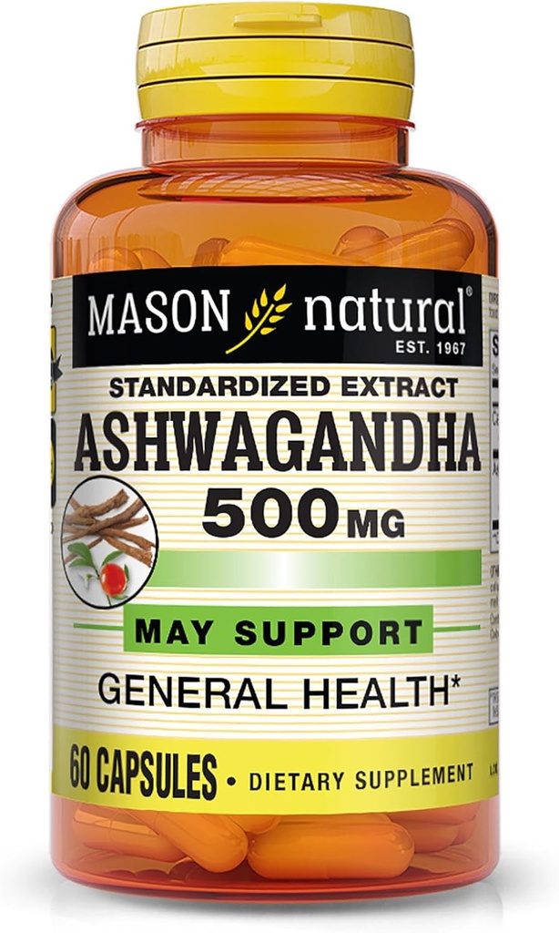 Mason Natural Ashwagandha 500 mg, Adaptogen Stressi- ja energiatuki, yrttilisä, 60 päivän tarjonta