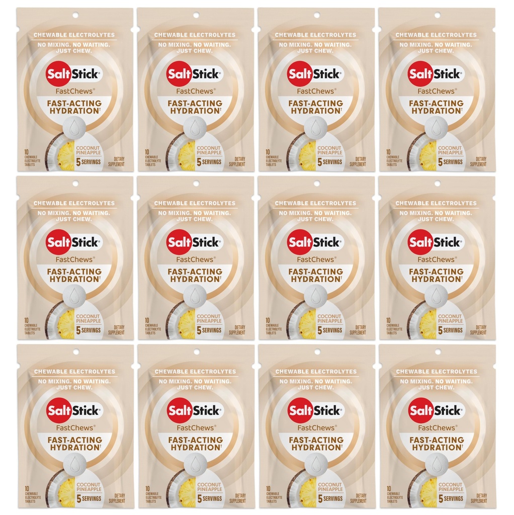 SaltStick Electrolyte FastChews - 120 kreivi Coconut Ananas Flavor - Elektrolyte Tabletit nesteytys, Salt Tabs - 10 Count (Pack of 12)