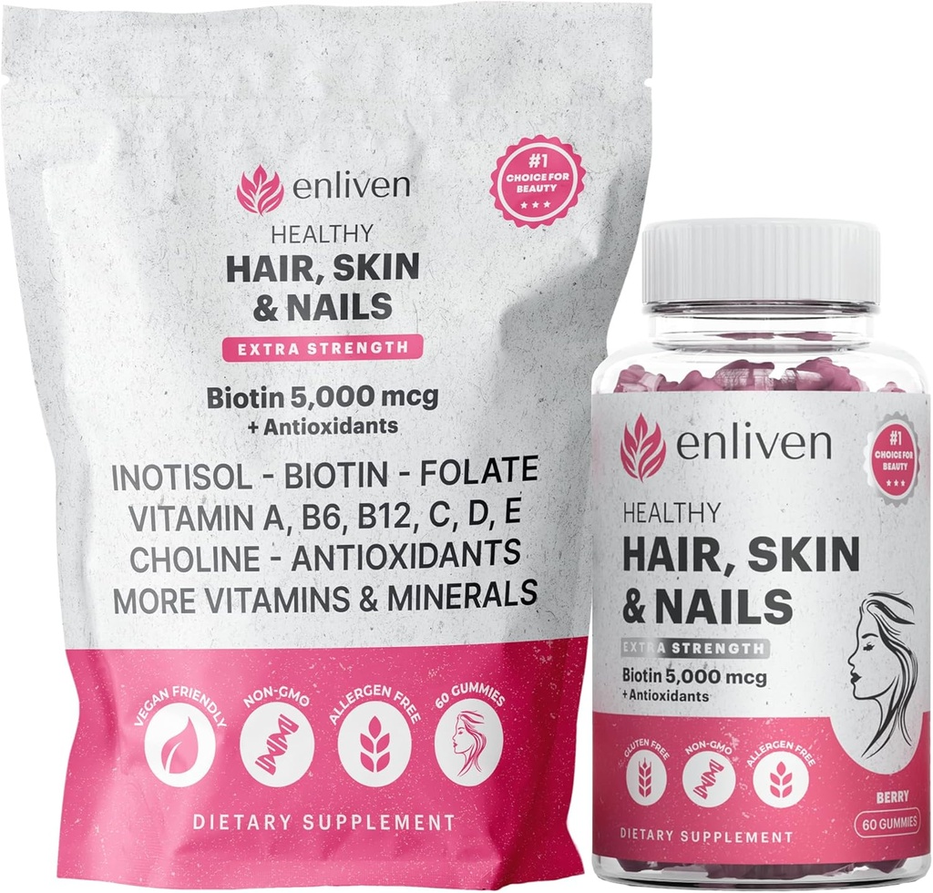 Biotin Gummies för hårväxt och starka naglar | 5000mcg Biotin + Inositol, Collagen Support | Hudvård Vitaminer för kvinnor och män | Berry Flavor | Vegan Hair Skin Nail Supplement | 60 Gummies