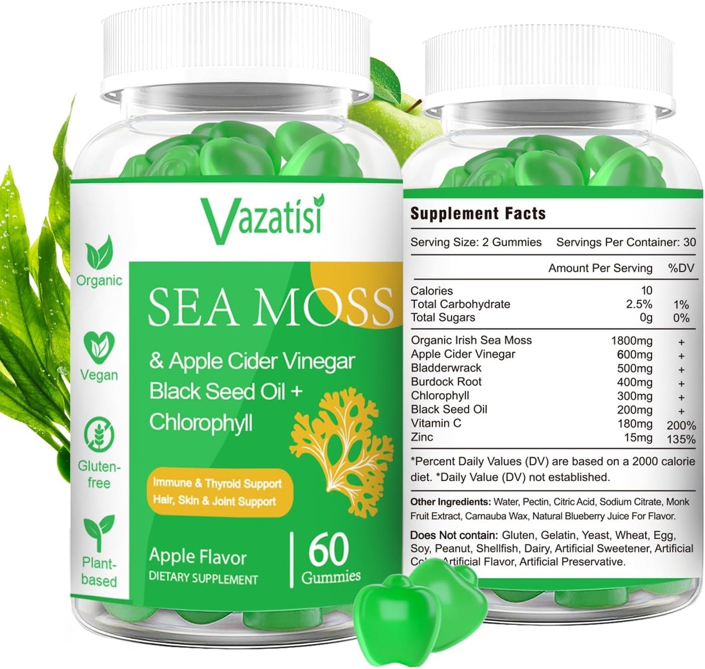 2 Pack Organic Irish Sea Moss Gummies musta siemenöljy, klorofylli - Kilpirauhasen, mieliala, energia & immuuni tuki - naiset & miehet, aikuiset & lapset - 120 Vegan Gummies