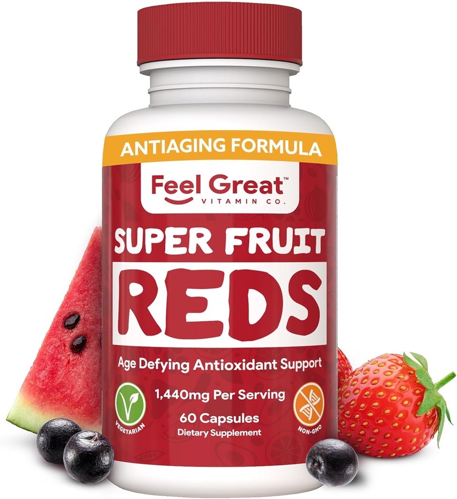 Känn stora vitaminer Superfrukt Reds - Antioxidant Superfood med polyfenoler för Anti-Aging & Immune Support - Acai, Mangosteen, Pomegranat, Blueberry & Mycket mer - 60 kapslar