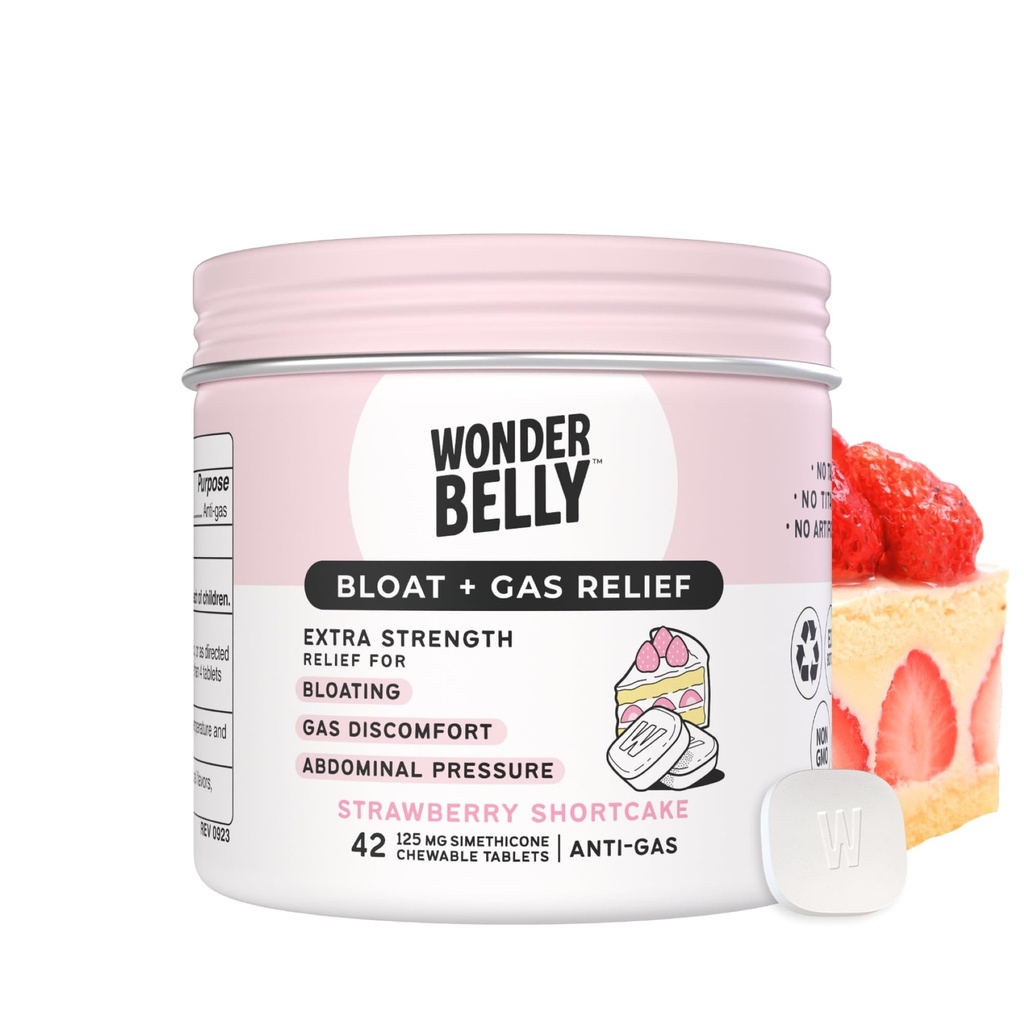 Wonderbelly Bloat + Gas Relief, Extra Strength Chewable Tablets, med 125 mg Simethicone, No Talc eller Dye, Strawberry Shortcake, 42 Count