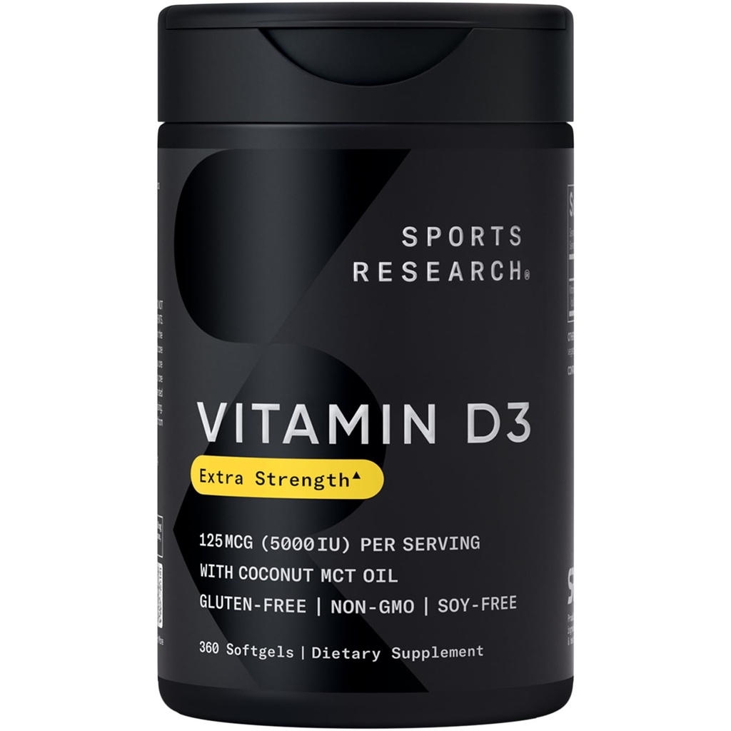 Sports Research® D3-vitamiini w/Coconut MCT Oil - High Potency Vitamiine D3 55000iu (125mcg) Supplement for Immune & Bone Support - Seed Oil Free - non-GMO - Gluten Free (360 Liquid Softgels)