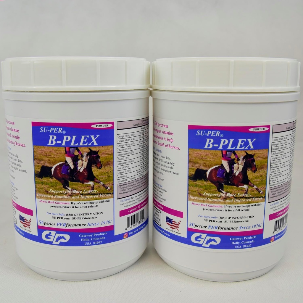 SU-PER B-Plex Pulver Equine Vitaminer - Komplett B-Complex Häst Vitaminer och mineraltillskott - Hälsosamma Hooves, Röda Blodceller, Hästkammarpulver - 2,5 pund, (2 Pack)