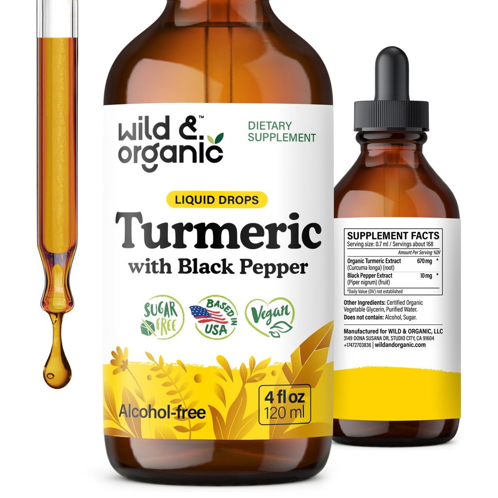 Wild & Organic Turmeric Tincture - Turmeeric Curcumin Black Pepper Extract - Liikkuvuus Tuki täydentää - Curcumin juurinesteen Drops - Vegaani, sokeri & alkoholiton - 4 fl oz