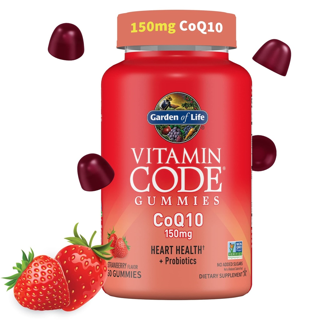 Life-vitamiinin puutarhakoodi CoQ10 Gummies 150 mg, Coenzyme Q10 for Heart Health, Energy Production & Health Aging + Prebiootit & Probiootit for Digestion, non-GMO, Gluteeniton, 60 Mansikka Gummies