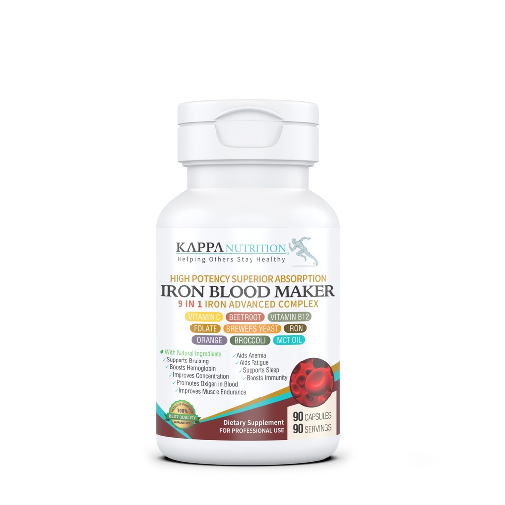 KAPPA NUTRITION Iron 26mg, Vitamin C & Orange 150mg, Folate 667mcg DFE, Vitamin B12, Beetroot, Brewers Yeast, Broccoli & MCT Oil 9 i 1 Avancerad komplex (90 kapslar)