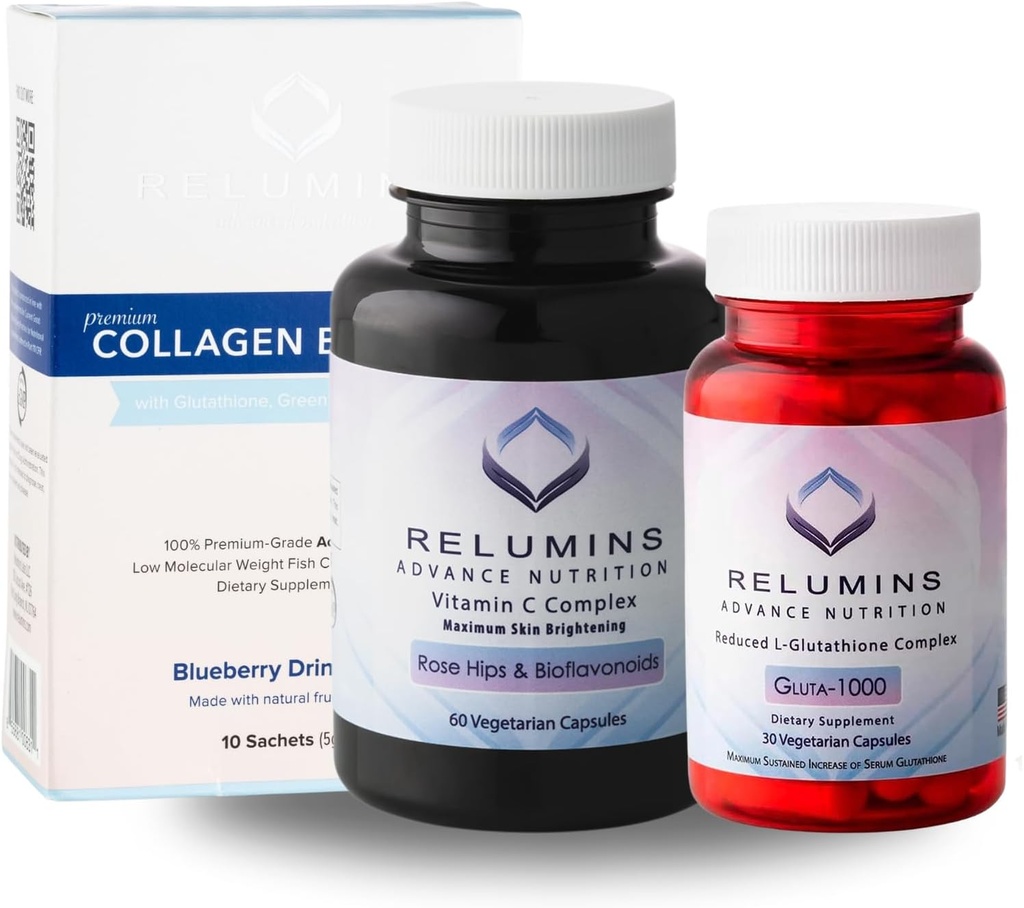 Relumins Premium Summer Glow Set - Collagen Blueberry, Glutathione 1000mg & Vitamin C - Antioxidant Support för hudhälsa och övergripande Wellness - 3-i-1 Beauty & Wellness Kit