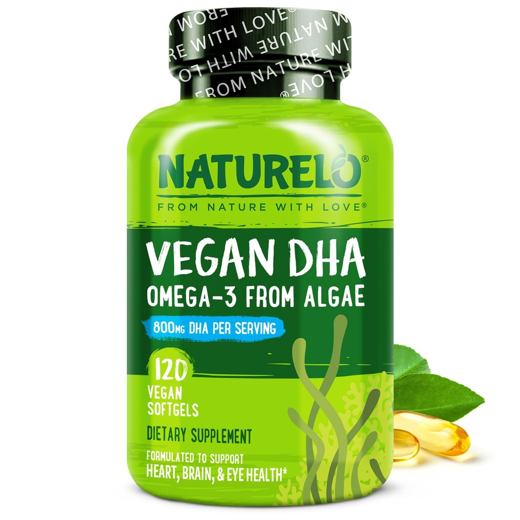 NATURALO Vegan DHA - Omega 3 öljyä Algae - täydentää aivot, sydän, Joint, silmien terveys - Tarjoaa Essential rasvahapot naisten miesten ja lasten - täydentää prenataali vitamiinit - 120 Softgels