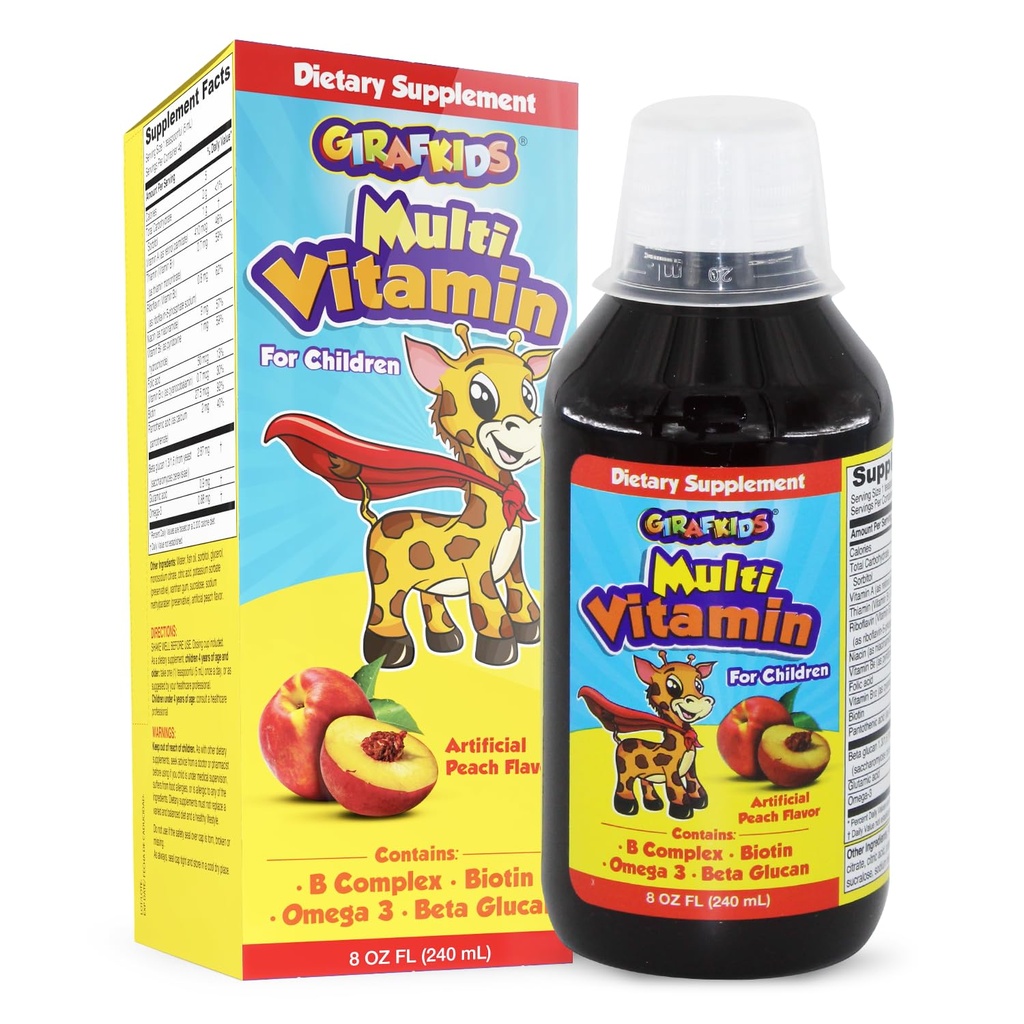 GirafKids Liquid Multivitamin för barn Ålder 4 +, 8oz - Dagliga barn vitaminer med Biotin, vitamin A, B-komplex, folsyra, Omega-3 & Beta Glucan - Kosttillskott för barntillväxt och energi