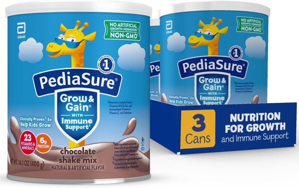 PediaSure Grow & Gain with Immuuni Support Shake Mix Powder, 23 Vitamiineja & Minerals, 6g proteiinia, ei-GMO, Gluteeniton, suklaa, 14,1 oz Can, 3-24 annosta pakkaus