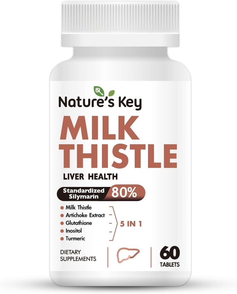 Nature's Key Milk Thistle 500mg Liver Supplement,30:1 Extra Strength 80% Silymarin ... 5- in-1 Liver Cleanse Detox & repair Formula Artisoke, Glutatione, Inositol & Turmeric- 60 tablettia