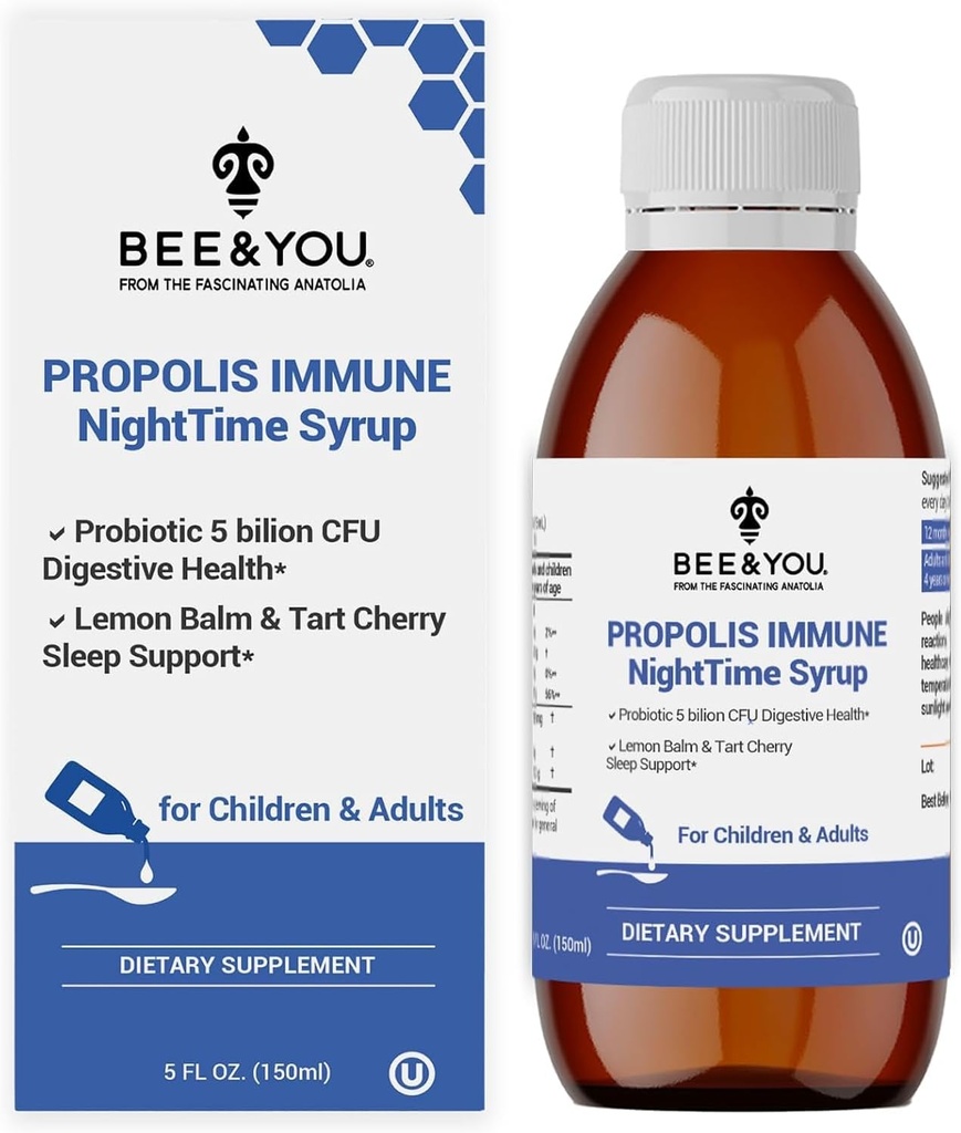 Bee och You Propolis Nighttime Syrup med Probiotic, Vitamin C och Elderberry - Gentle Formel för vuxna och barn, 5 Fl Oz