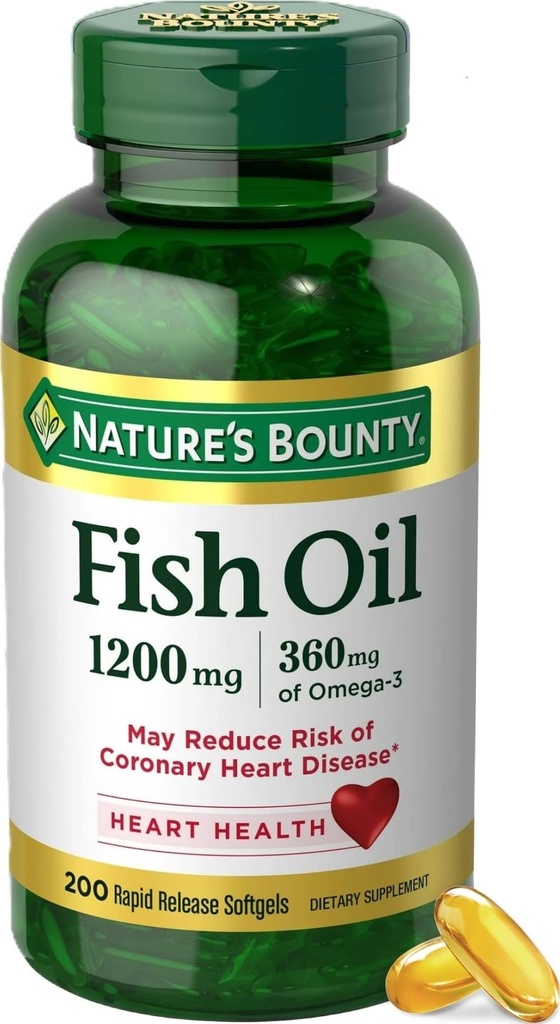 Naturens Bounty Fish Oil Omega 3 Supplements - stöder hjärthälsa, 1200 Mg Fish Oil, Omega-3, 200 Softgels (Pack of 1)