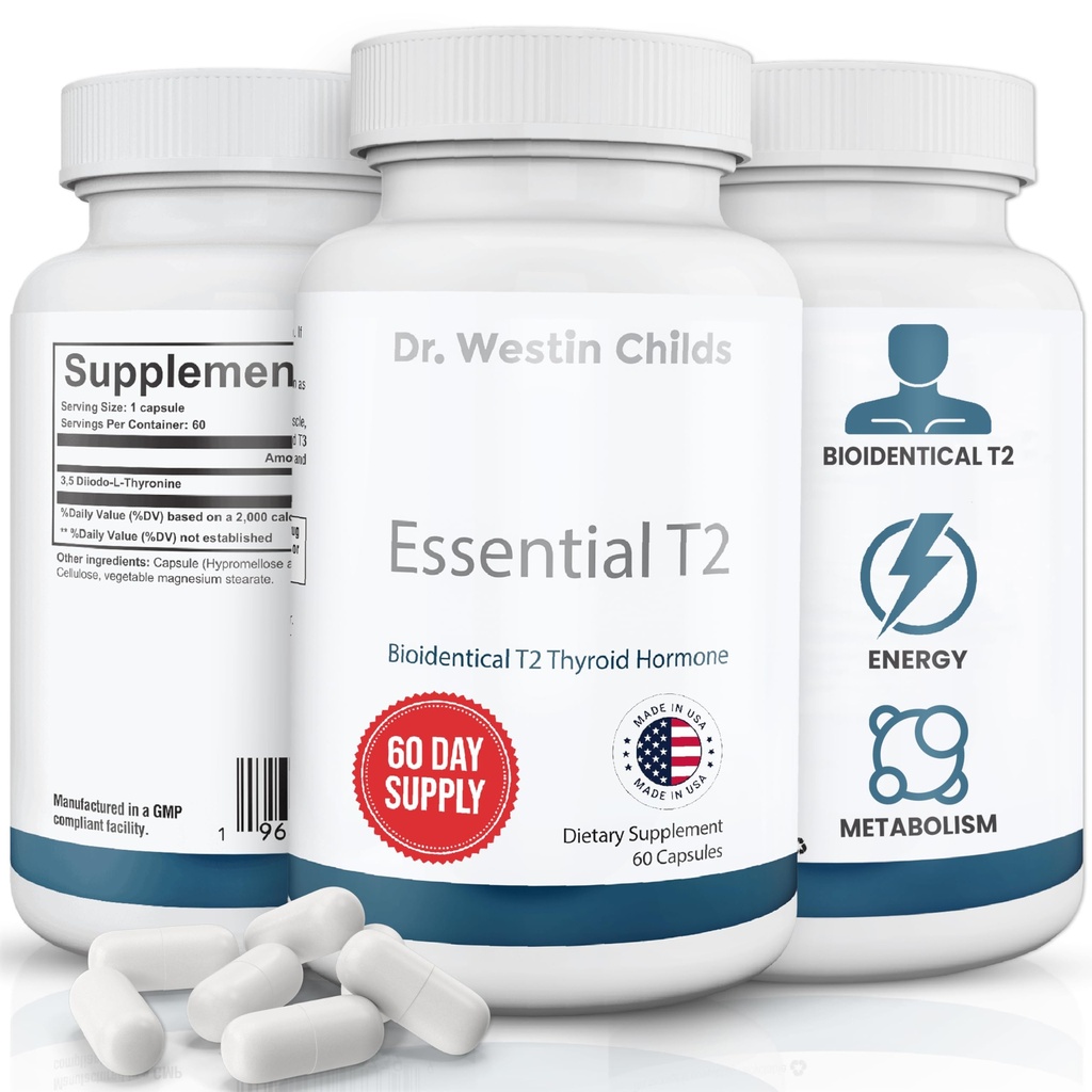 Dr Westin Childs Essential T2 - T2 Thyroid Support Supplement med Bio-Identisk 3,5 Diiodo-l-thyronin för Hypothyroidism, Hashimotos, Thyroidectomy & Rai, Non GMO, 60 Day Supply